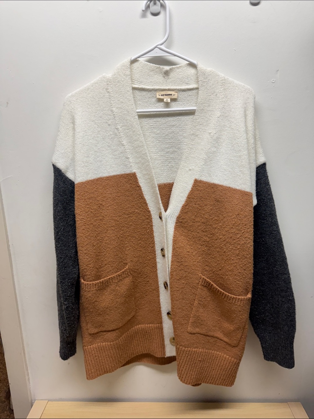 eesome Colorblock Button Cardigan in Cream, Camel & Charcoal